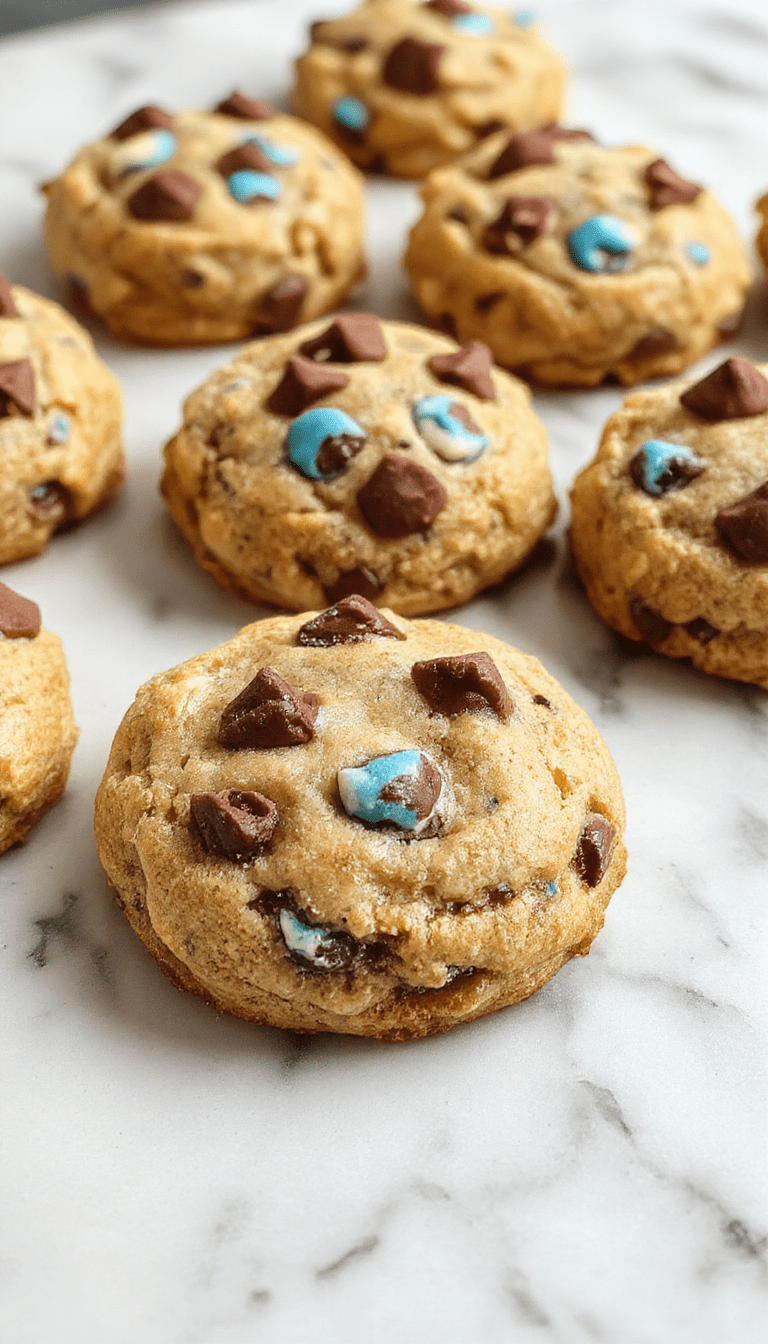 A vibrant plate of cookie monster cookies featuring colorful sugar-coated cookies with playful faces, showcasing their soft and chewy texture, decorated with bright icing and sprinkles, styled on a cheerful pastel background.