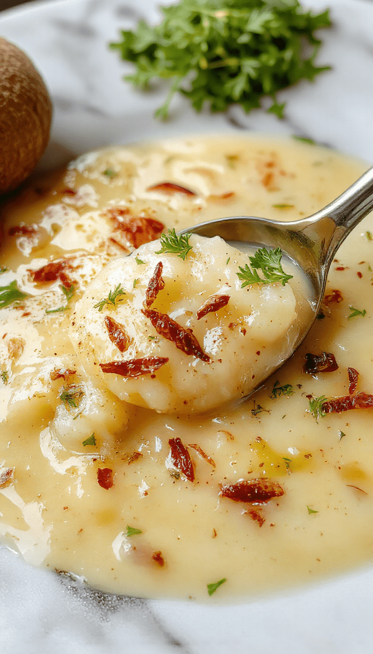 A bowl of creamy vegan roasted garlic potato soup with a smooth texture, garnished with fresh herbs, served in a rustic white bowl on a wooden table, with roasted garlic and sliced potatoes visible, styled with a sprinkle of black pepper and a drizzle of olive oil.