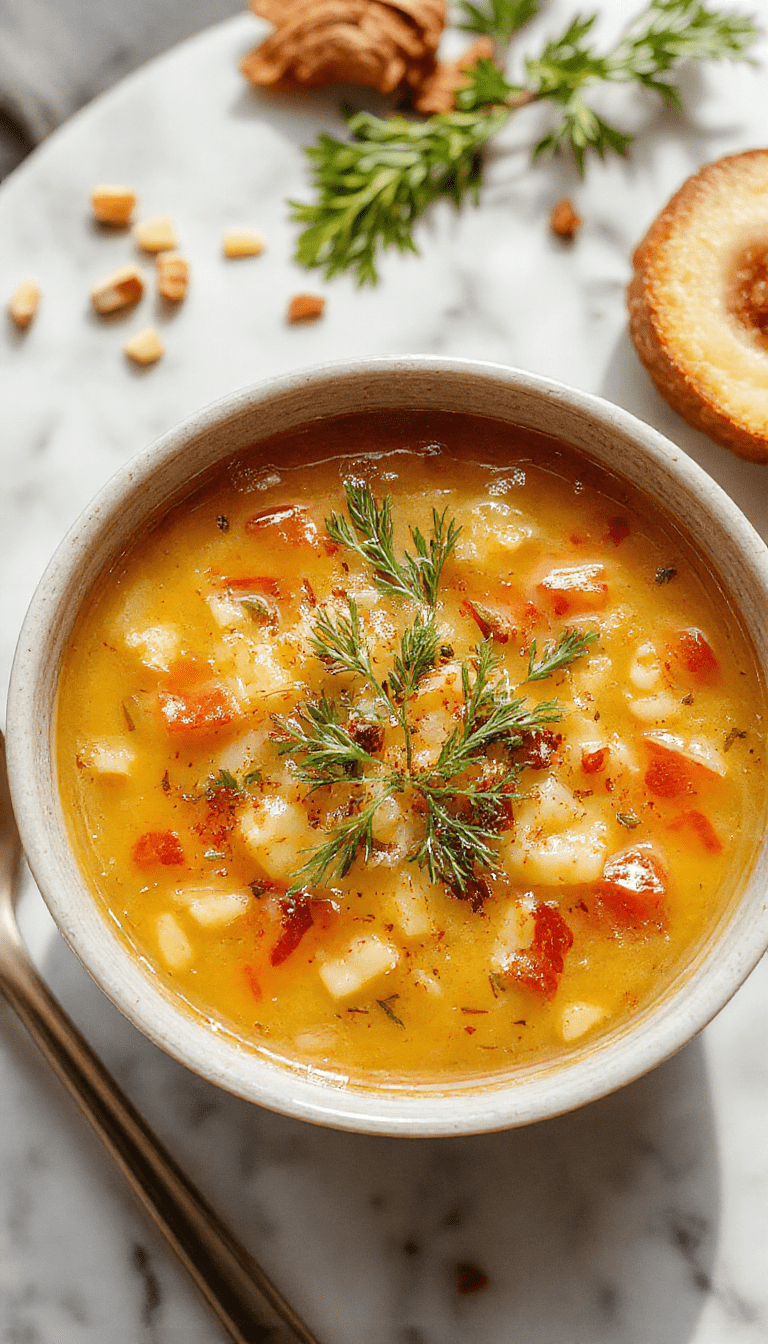 A steaming bowl of cozy autumn wild rice soup with a creamy texture, garnished with chopped herbs and crunchy toppings, served on a rustic wooden table with fall leaves in the background.