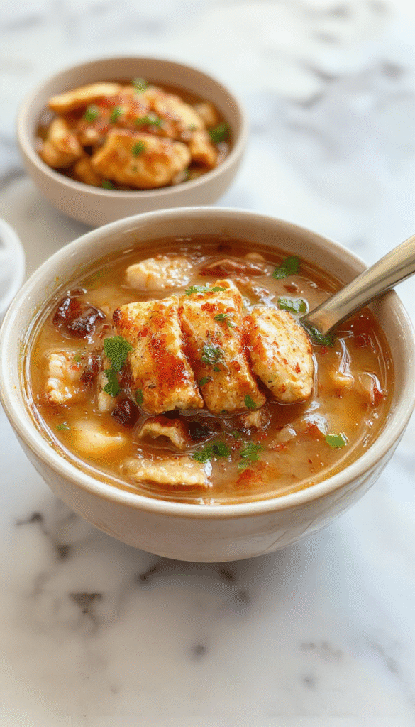 A steaming bowl of homemade chicken pho featuring translucent rice noodles topped with tender chicken slices, fresh herbs, lime wedges, and chili peppers, arranged delicately in a rustic bowl against a wooden table backdrop, with vibrant greens and reds contrasting the clear broth and noodles.