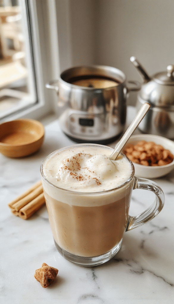 A beautiful cup of vanilla cinnamon latte on a rustic wooden table, topped with whipped cream, cinnamon dusting, and vanilla beans, with a soft blurred cozy cafe background.