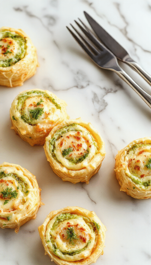 Colorful broccoli cheese pinwheels on a white plate, showcasing flaky golden pastry filled with vibrant green broccoli and melted cheese, garnished with a sprig of parsley, styled on a rustic wooden table