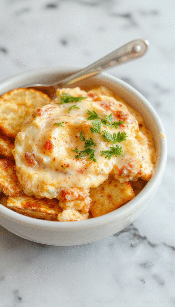 A vibrant bowl of creamy crack corn dip featuring bright yellow corn kernels coated in a rich, cheesy sauce, garnished with chopped green herbs, served with crispy tortilla chips on a rustic wooden table with a colorful backdrop.