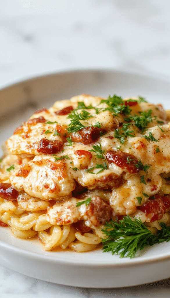 A vibrant plate featuring golden-brown chicken topped with melted cheese and caramelized onions, nestled on a bed of tender orzo pasta, garnished with fresh herbs, set on a rustic wooden table with a creamy sauce drizzled over the dish.