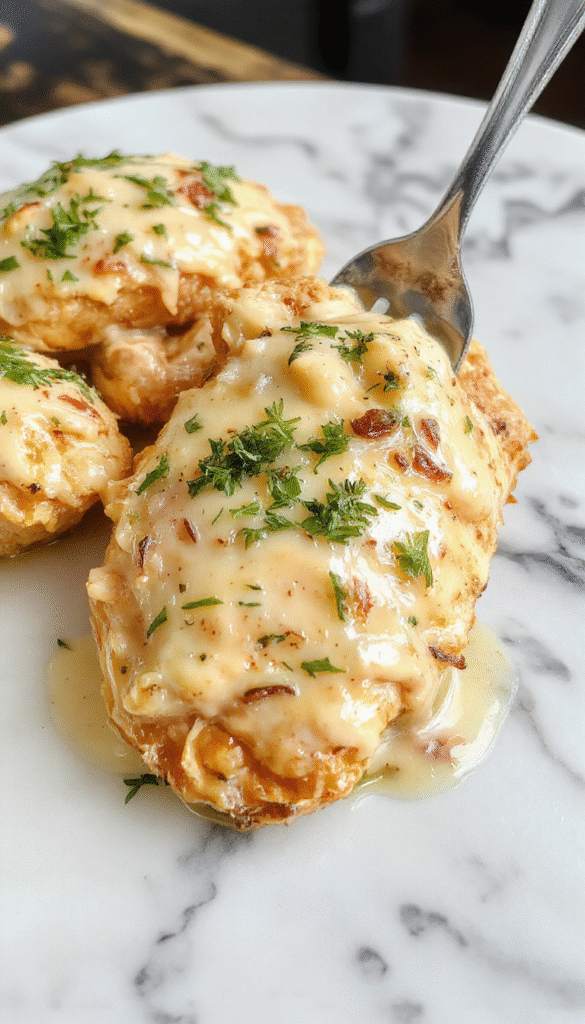 A close-up of a golden-brown chicken breast glazed with a rich, creamy garlic butter sauce on a rustic white plate, garnished with fresh parsley and garlic slices, with a backdrop of seasonings and a wooden table.