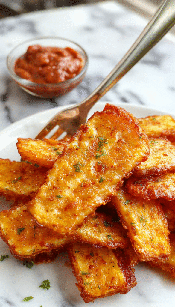 Golden brown crispy sweet potato fries arranged on a white rectangular plate with a light scattering of sea salt. The fries have a textured surface glistening slightly from oil, with some showing a light caramelization. The background is blurred with a rustic wooden table and a side bowl of dipping sauce. The presentation highlights the vibrant orange hue of the sweet potatoes contrasted against the plate.