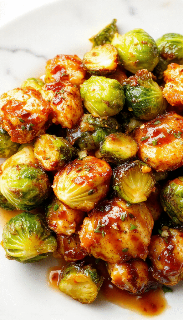 Colorful plate featuring crispy golden-brown chicken glazed with shiny red sweet chili sauce, surrounded by roasted Brussels sprouts with caramelized edges, garnished with fresh herbs, styled on a rustic wooden surface with a vibrant background.