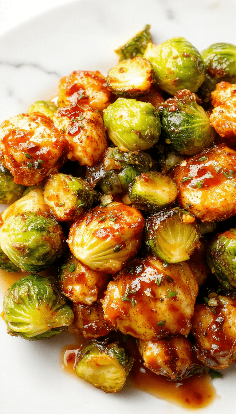 Colorful plate featuring crispy golden-brown chicken glazed with shiny red sweet chili sauce, surrounded by roasted Brussels sprouts with caramelized edges, garnished with fresh herbs, styled on a rustic wooden surface with a vibrant background.