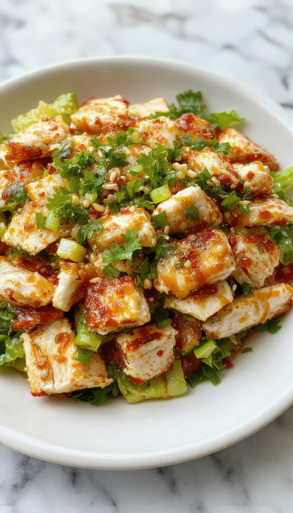 A vibrant Asian Chicken Salad in a white bowl featuring colorful shredded carrots, purple cabbage, green scallions, and crispy wonton strips topped with toasted sesame seeds and a glossy sesame dressing, all styled on a clean white plate with chopsticks on the side, emphasizing freshness and crunch.