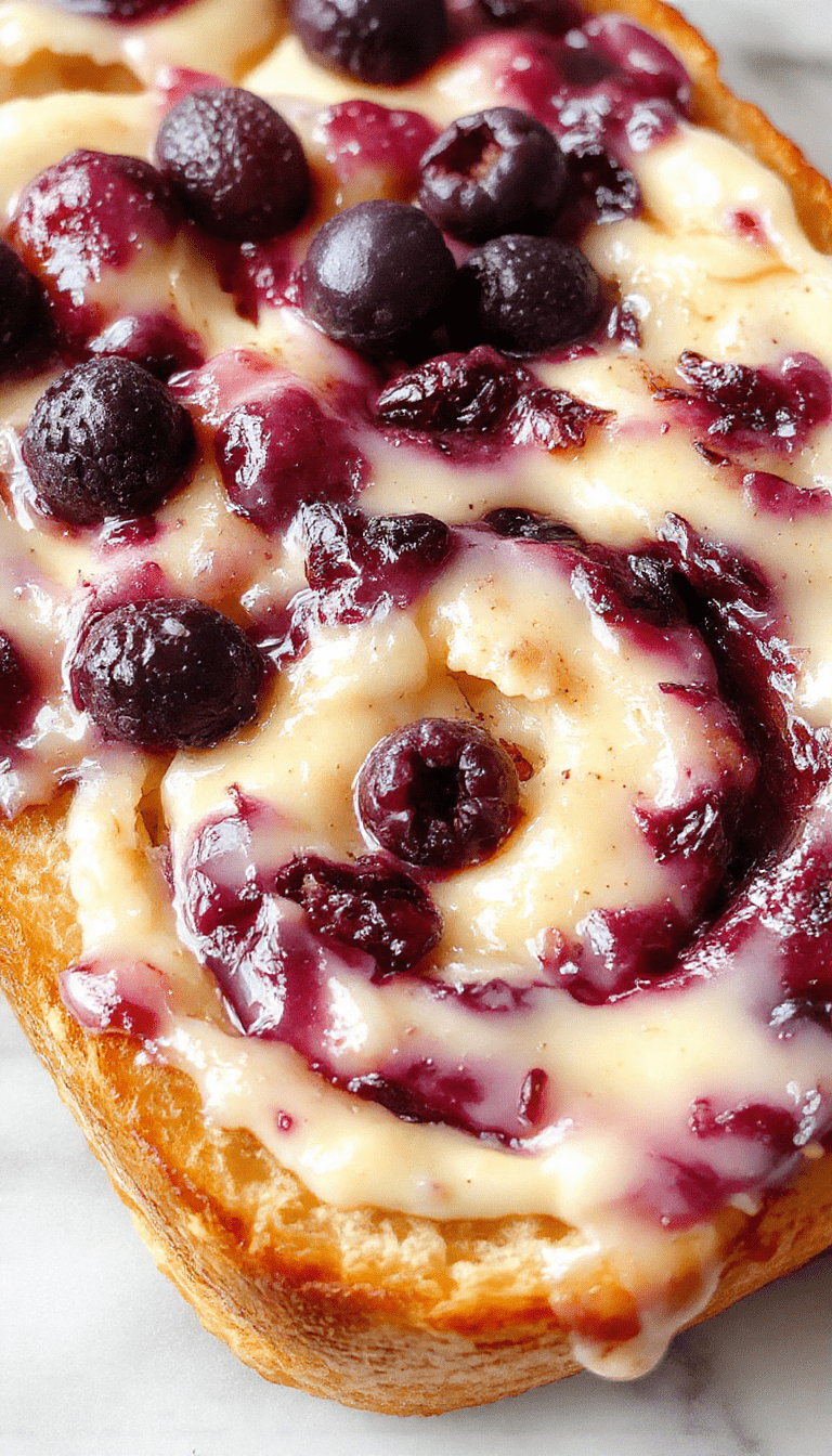A sliced loaf of blueberry cream cheese bread displaying swirls of vibrant blueberries and creamy white cheese, topped with a dusting of powdered sugar, served on a rustic wooden board with fresh blueberries around, showcasing a golden crust and soft interior.