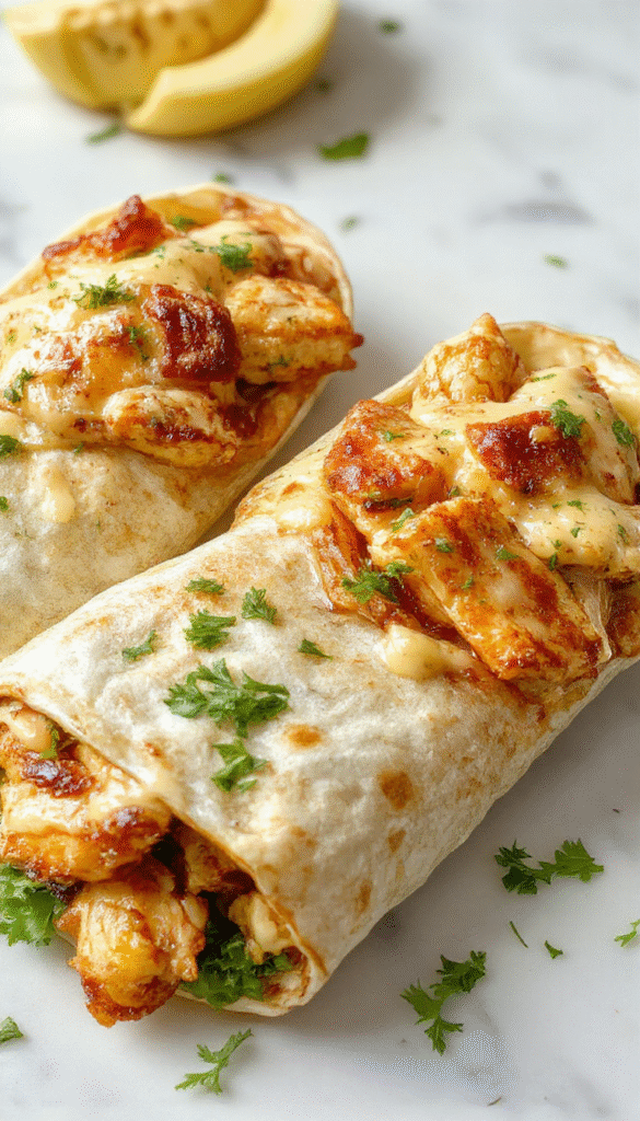 A vibrant plated dish featuring golden-brown chicken wraps with melted cheese and fresh garlic, garnished with chopped herbs and served on a rustic white plate, showcasing textures of crispy tortilla, tender chicken, and gooey cheese.