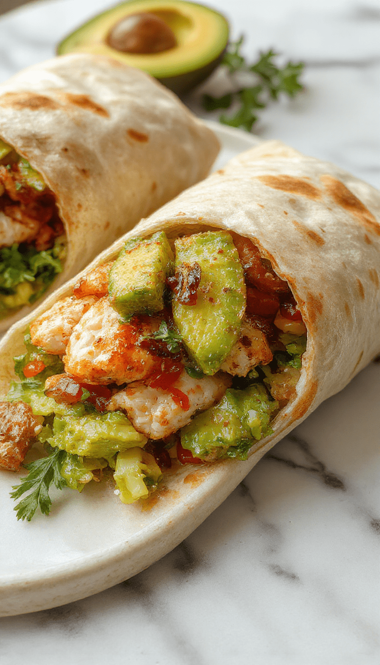 A colorful chicken avocado wrap sliced in half revealing fresh green avocado, grilled chicken strips, vibrant vegetables, and a creamy dressing wrapped in a soft flour tortilla, styled on a rustic wooden plate with fresh herbs scattered around, natural light highlighting textures and bright colors.