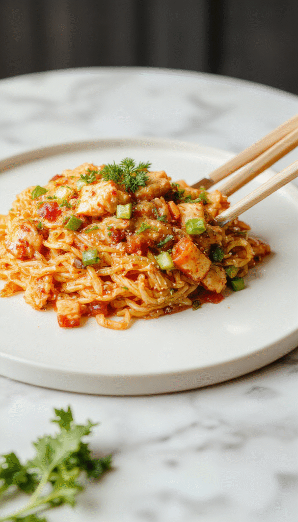 A vibrant plate of chicken chow mein featuring golden-brown sliced chicken atop stir-fried crispy noodles mixed with colorful vegetables like bell peppers, carrots, and bok choy, garnished with chopped scallions, styled on a rustic wooden table with chopsticks resting beside the dish.