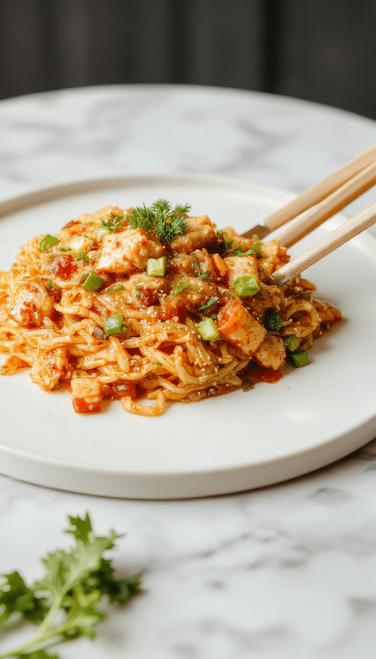 A vibrant plate of chicken chow mein featuring golden-brown sliced chicken atop stir-fried crispy noodles mixed with colorful vegetables like bell peppers, carrots, and bok choy, garnished with chopped scallions, styled on a rustic wooden table with chopsticks resting beside the dish.
