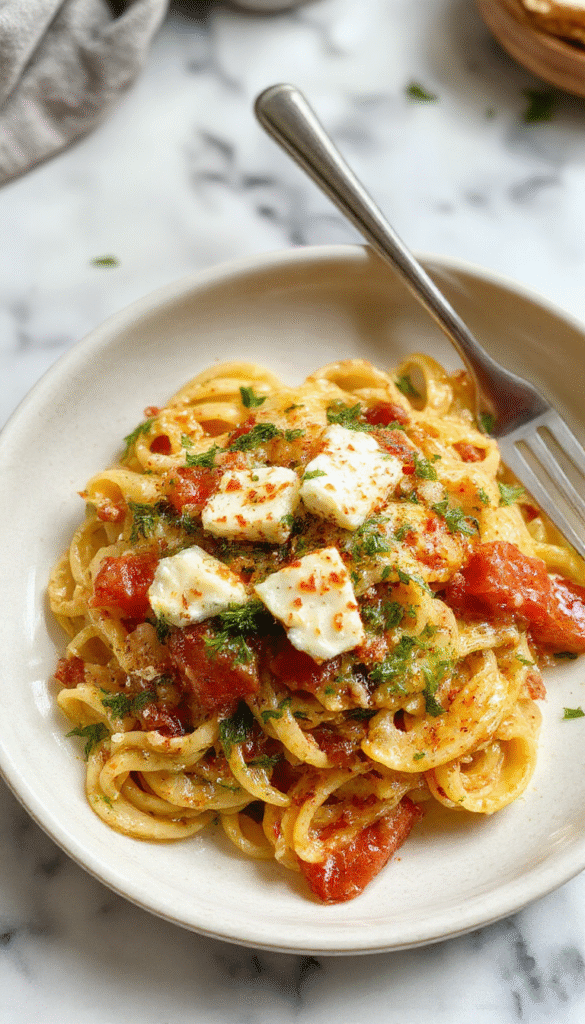 Colorful veggie pasta topped with golden baked feta cheese, vibrant cherry tomatoes, green spinach, and herbs arranged on a white plate with a rustic wooden background, drizzled with olive oil and sprinkled with fresh basil.