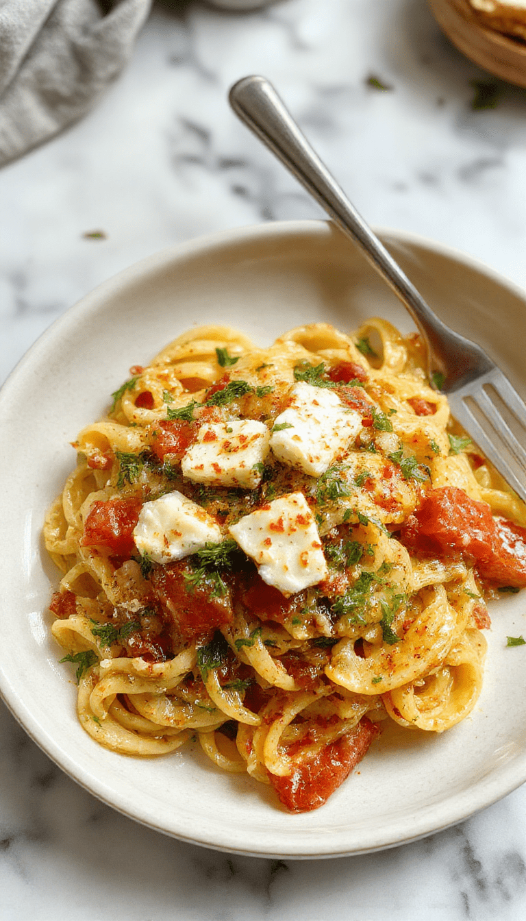 Colorful veggie pasta topped with golden baked feta cheese, vibrant cherry tomatoes, green spinach, and herbs arranged on a white plate with a rustic wooden background, drizzled with olive oil and sprinkled with fresh basil.