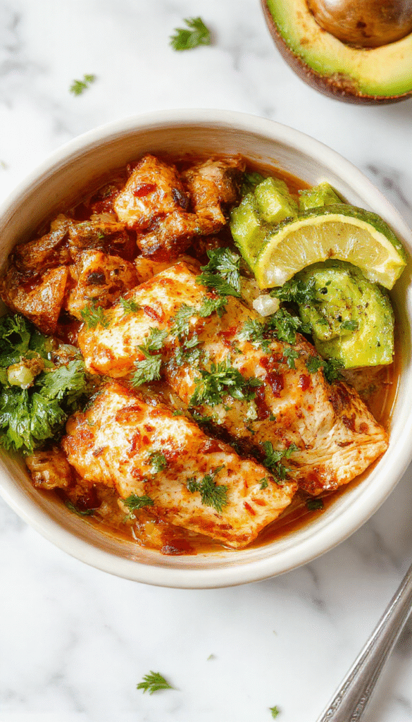 Colorful chicken fajita burrito bowl featuring grilled sliced chicken, vibrant red and green bell peppers, and caramelized onions arranged on a white ceramic plate. The bowl is garnished with fresh cilantro, lime wedges, and a sprinkle of shredded cheese, with a background of rustic wooden table and a drizzle of salsa for an appetizing presentation.