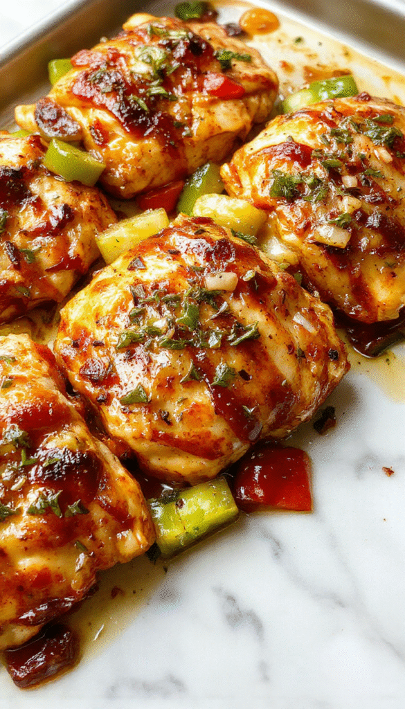 Colorful sheet pan chicken fajitas featuring golden grilled chicken strips, vibrant red and green bell peppers, and onions on a rustic baking sheet, garnished with fresh cilantro and lime wedges, with a warm inviting kitchen background.