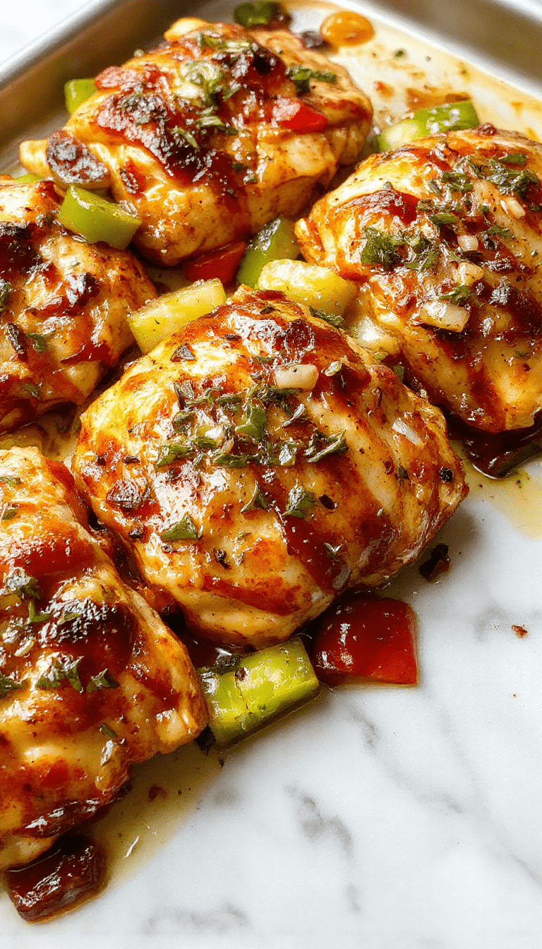 Colorful sheet pan chicken fajitas featuring golden grilled chicken strips, vibrant red and green bell peppers, and onions on a rustic baking sheet, garnished with fresh cilantro and lime wedges, with a warm inviting kitchen background.