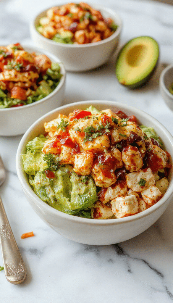 Colorful southwest chicken burrito bowls featuring vibrant red and yellow bell peppers, black beans, corn, diced grilled chicken, and fresh toppings arranged in a rustic bowl with a drizzle of creamy sauce, garnished with chopped cilantro and a wedge of lime, all set against a warm wooden background