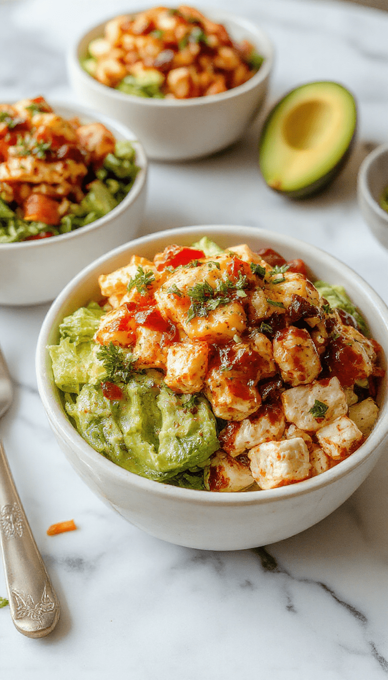 Colorful southwest chicken burrito bowls featuring vibrant red and yellow bell peppers, black beans, corn, diced grilled chicken, and fresh toppings arranged in a rustic bowl with a drizzle of creamy sauce, garnished with chopped cilantro and a wedge of lime, all set against a warm wooden background