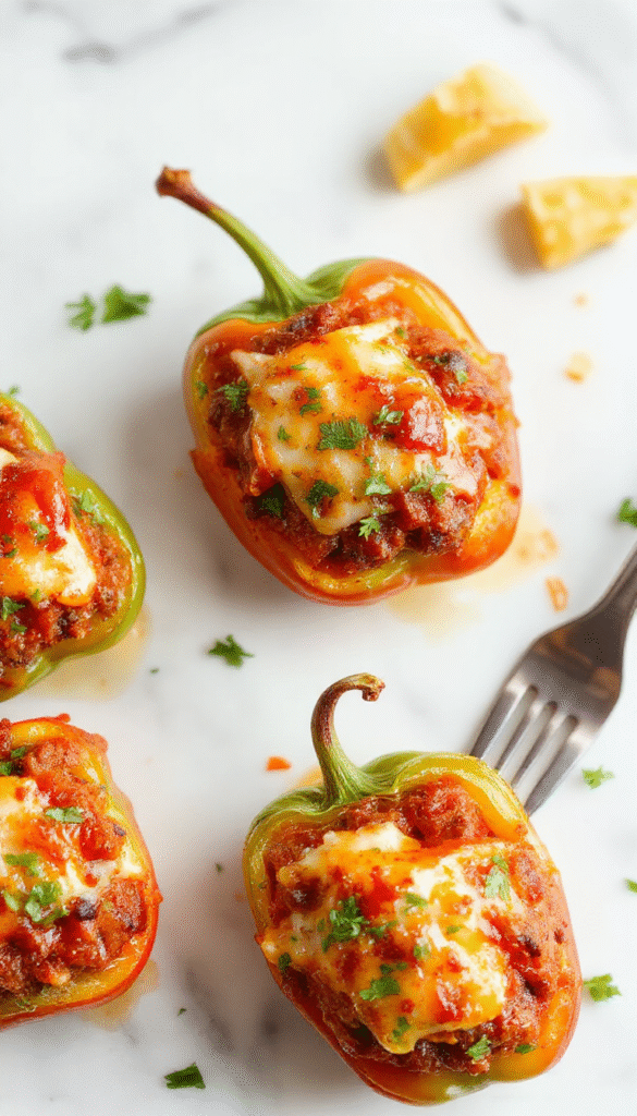 Colorful roasted bell peppers filled with seasoned ground meat, melted cheese, fresh vegetables, and taco toppings, arranged on a rustic white plate with a vibrant background.