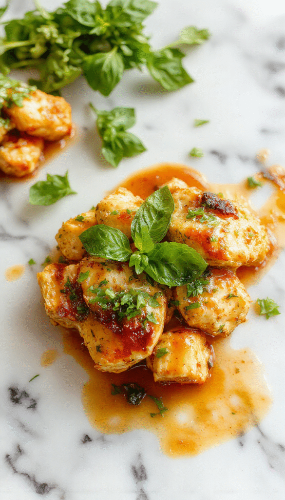 A vibrant bowl of Thai Basil Chicken featuring tender, browned chicken pieces coated in a glossy, savory sauce, garnished with fresh green basil leaves, colorful sliced peppers, and chopped scallions. The dish is plated on a rustic wooden table, highlighting its rich, aromatic herbs and lively colors.