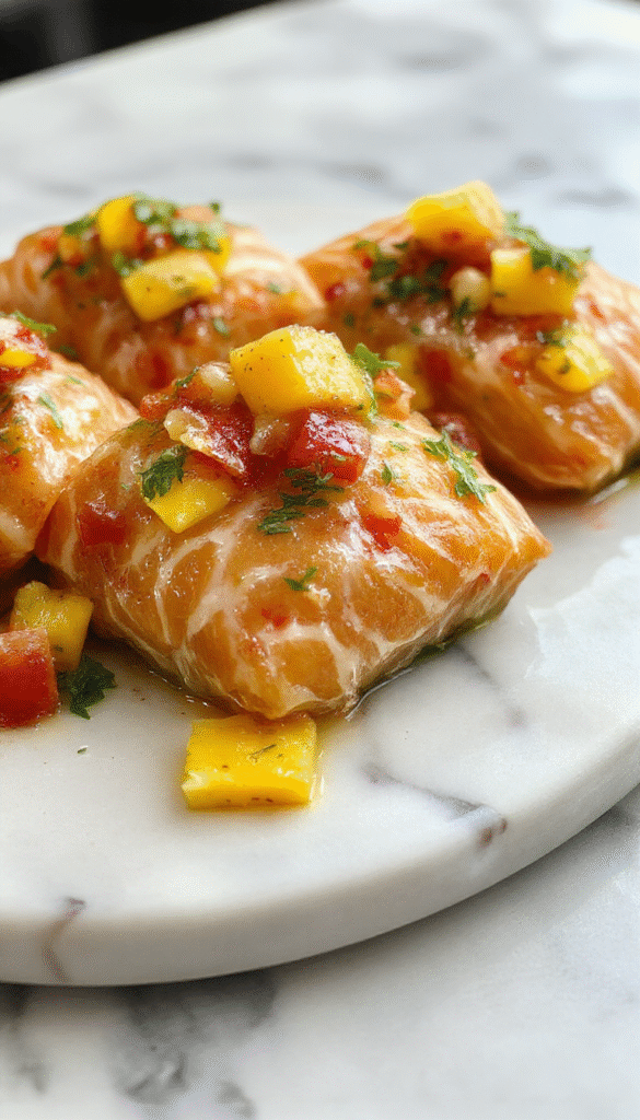 Colorful grilled salmon topped with vibrant fresh mango salsa on a white plate, garnished with cilantro and lime wedges, with a textured wooden background