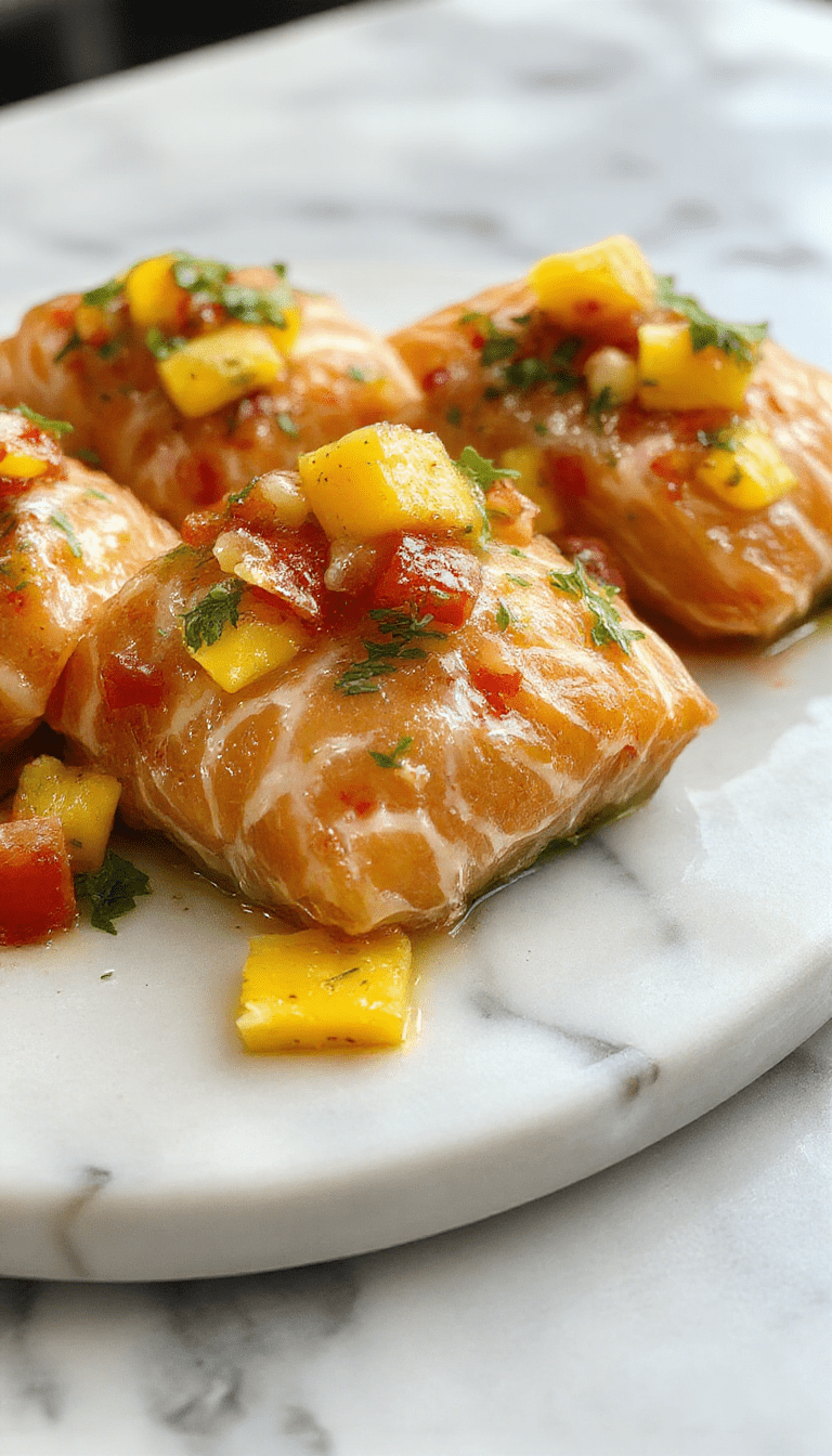 Colorful grilled salmon topped with vibrant fresh mango salsa on a white plate, garnished with cilantro and lime wedges, with a textured wooden background