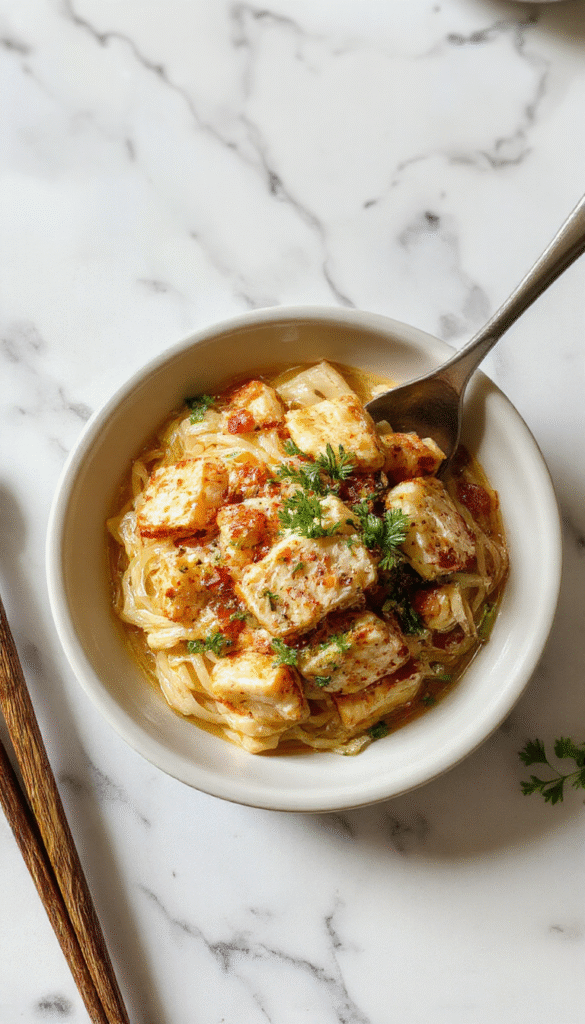A vibrant plate of garlic chicken noodles featuring golden-brown crispy chicken pieces atop glossy, stir-fried noodles garnished with chopped green onions and sesame seeds, served on a white ceramic plate, with a rustic wooden background highlighting the flavorful dish's textures and colors.
