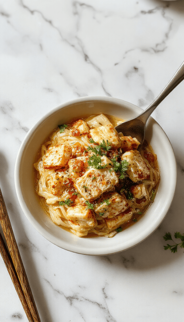 A vibrant plate of garlic chicken noodles featuring golden-brown crispy chicken pieces atop glossy, stir-fried noodles garnished with chopped green onions and sesame seeds, served on a white ceramic plate, with a rustic wooden background highlighting the flavorful dish's textures and colors.