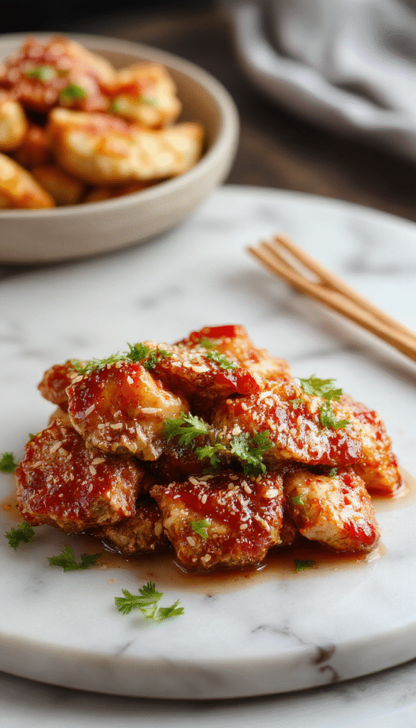 A vibrant plate of sesame chicken featuring golden-brown, crispy pieces coated with glossy sesame seeds, garnished with fresh green herbs and served on a white ceramic dish with a colorful background highlighting the fresh ingredients.
