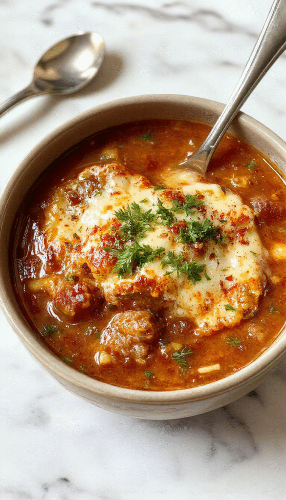 A vibrant bowl of high protein lasagna soup featuring layered ingredients like melting cheese, rich tomato broth, slices of zucchini, and ground beef. The soup is garnished with fresh basil and a dusting of grated Parmesan, presenting a warm, inviting, and hearty dish on a rustic wooden table with a side of garlic bread.