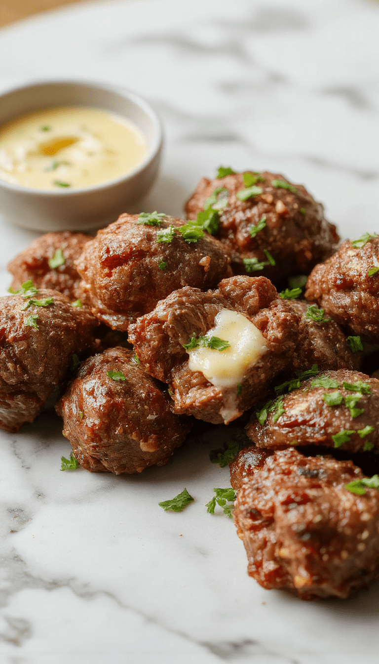 Colorful beef bites beautifully plated on a white dish with glossy garlic butter glaze, garnished with fresh herbs, creamy mashed potatoes on the side, and a rustic wooden background.