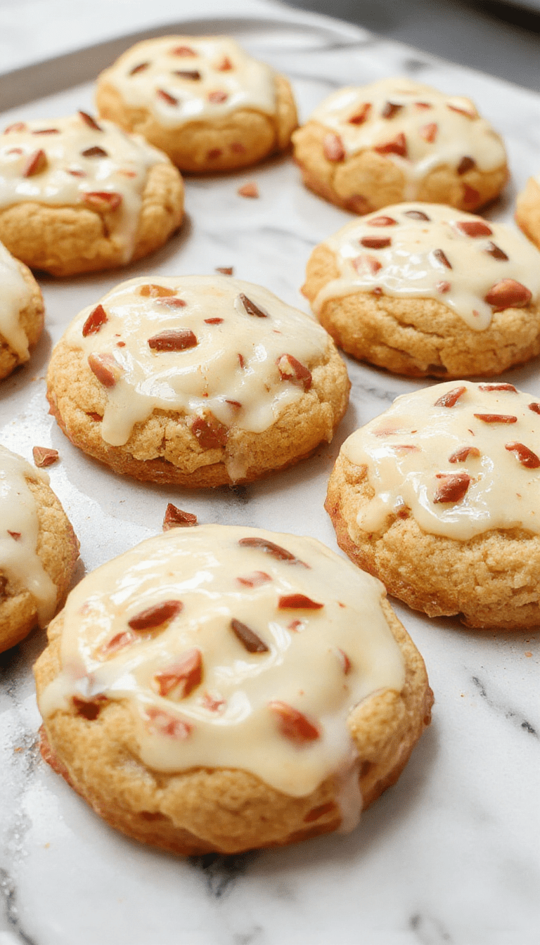 A close-up shot of freshly baked marry me cookies displayed on a rustic wooden platter. The cookies are golden brown with slightly cracked tops, decorated with colorful sprinkles and drizzled with white icing. The background features a soft pastel tablecloth and a few whole cookies stacked for visual interest, highlighting their crisp edges and chewy centers.