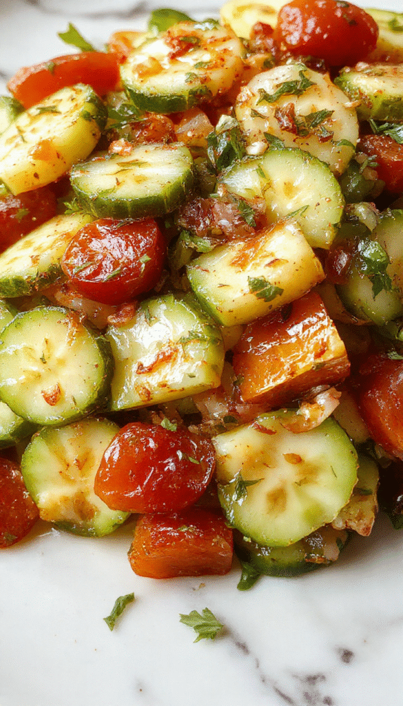 A vibrant Mediterranean salad featuring crisp cucumber slices, juicy red and yellow cherry tomatoes, thinly sliced red onion, and crumbled feta cheese, all arranged on a rustic white plate with a drizzle of olive oil and sprinkled herbs, with a blurred background of herbs and lemon slices, showcasing bright colors, fresh textures, and appetizing presentation.