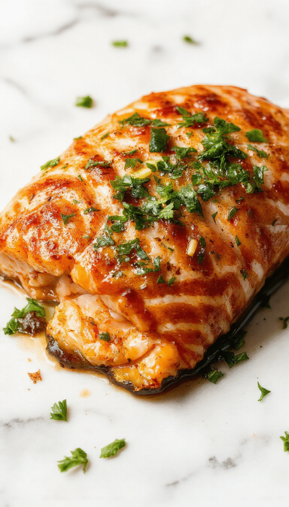 Vibrant orange and pink cooked salmon fillet expertly plated on a white ceramic dish garnished with fresh herbs, served with lemon wedges, crispy edges, and a glossy finish that highlights its tender texture, styled on a rustic wooden table with a light background.