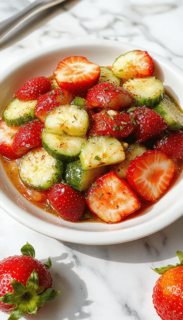 A vibrant bowl of strawberry and cucumber salad featuring sliced ripe strawberries and crisp cucumber rounds, garnished with fresh mint leaves, served in a white ceramic bowl on a rustic wooden table, with a light drizzle of honey and a sprinkle of black pepper, showcasing bright red, green, and white colors and textured freshness.