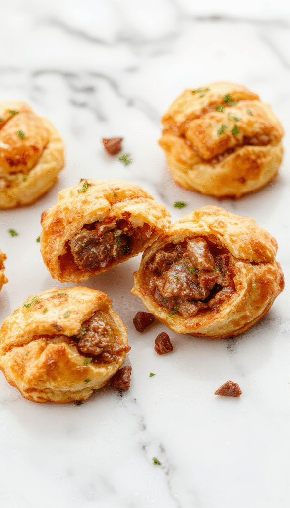 Golden-brown pastry puffs filled with tender pulled beef, neatly arranged on a rustic wooden platter, garnished with fresh herbs and served alongside dipping sauces, with a light flaky texture visible and a vibrant, appetizing presentation.
