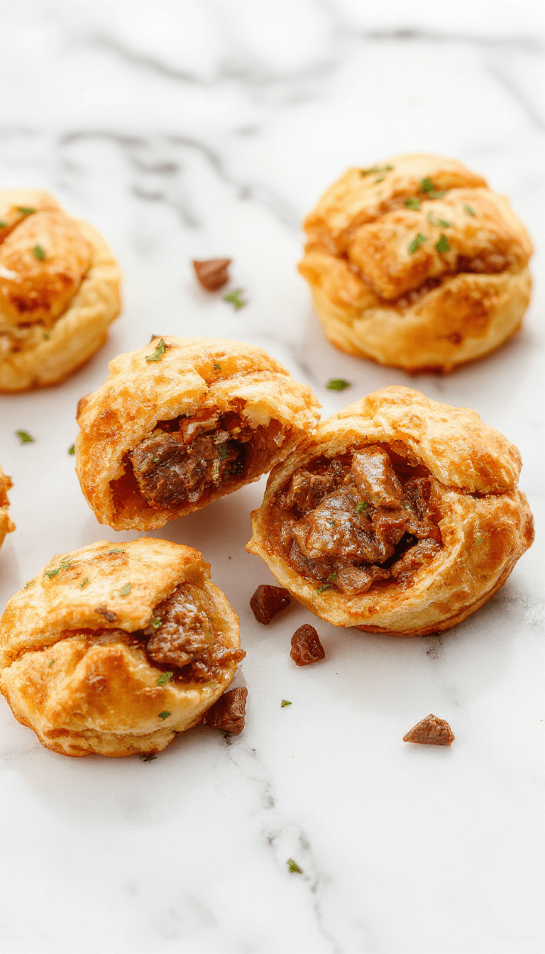 Golden-brown pastry puffs filled with tender pulled beef, neatly arranged on a rustic wooden platter, garnished with fresh herbs and served alongside dipping sauces, with a light flaky texture visible and a vibrant, appetizing presentation.