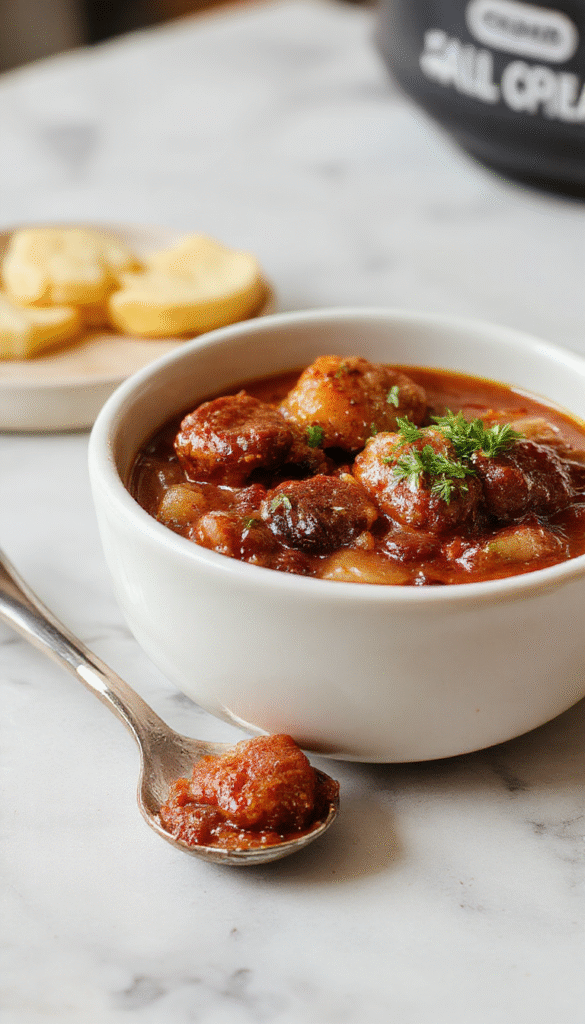 A rustic bowl of rich poor man's stew with chunks of tender beef, carrots, potatoes, and onions in a savory broth, garnished with fresh herbs. The stew is served on a wooden table with a spoon, surrounded by fresh ingredients and a cozy kitchen background with warm lighting.