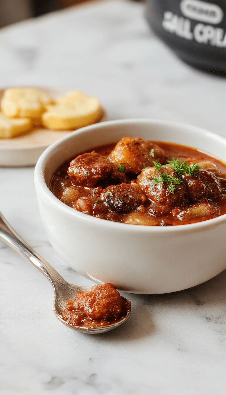 A rustic bowl of rich poor man's stew with chunks of tender beef, carrots, potatoes, and onions in a savory broth, garnished with fresh herbs. The stew is served on a wooden table with a spoon, surrounded by fresh ingredients and a cozy kitchen background with warm lighting.