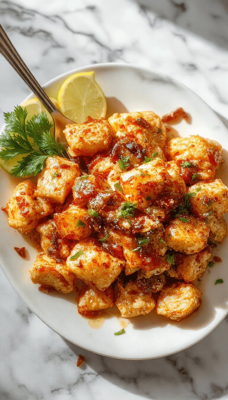 A vibrant plate of sweet Hawaiian crockpot chicken featuring tender shredded chicken glazed with a glossy, caramel-colored sauce, garnished with fresh pineapple chunks and green herbs. The dish is styled on a rustic wooden table with a side of white rice and colorful vegetables, with steam softly rising, emphasizing the savory and sweet flavors.