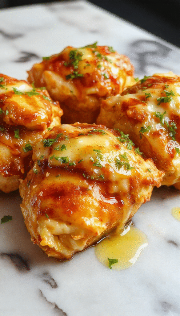 A golden-brown honey butter chicken breast topped with a glossy honey glaze, garnished with fresh herbs, served on a white plate alongside steamed vegetables with vibrant colors and a smooth, buttery sauce giving a tempting, luscious texture