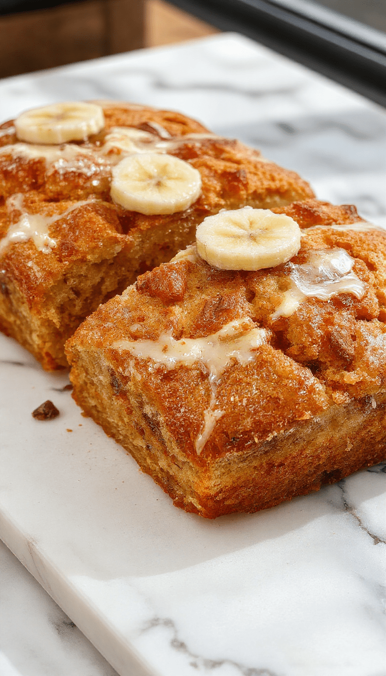 A freshly baked slice of golden banana bread resting on a rustic wooden plate, topped with a pat of melting butter and garnished with banana slices and a drizzle of honey. The bread has a moist, fluffy texture with a slightly crispy crust, surrounded by scattered banana pieces and scattered flour on a light pastel background for a cozy, inviting feel.