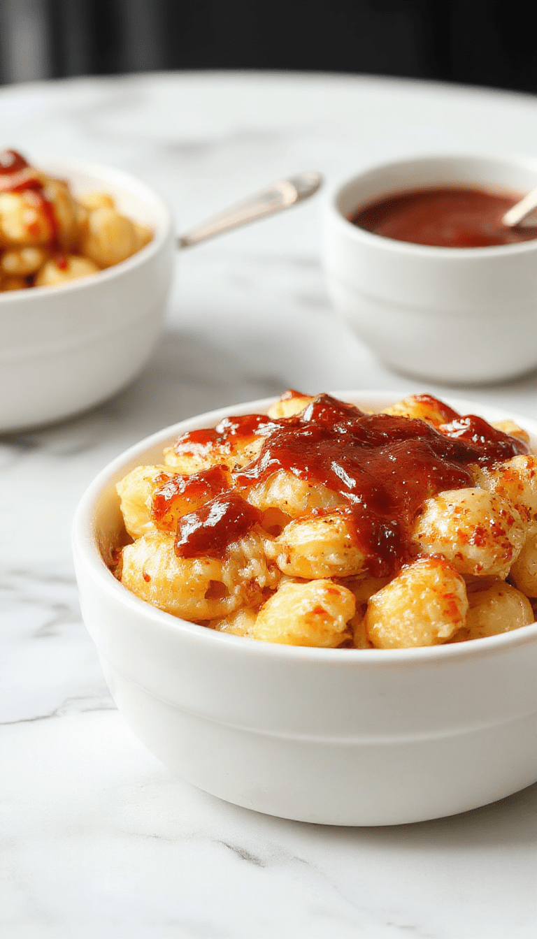 A vibrant plate of creamy mac and cheese topped with shredded BBQ chicken glazed in honey, garnished with chopped green onions, served on a rustic wooden table with a drizzle of honey and a side of fresh herbs, showcasing rich textures and appetizing colors.