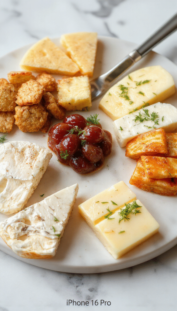 Colorful kid-friendly summer cheese board featuring an array of vibrant cheeses, fresh fruits, crunchy crackers, and fun decorative elements on a wooden platter, styled with playful summer-themed accents and natural lighting emphasizing freshness and variety.