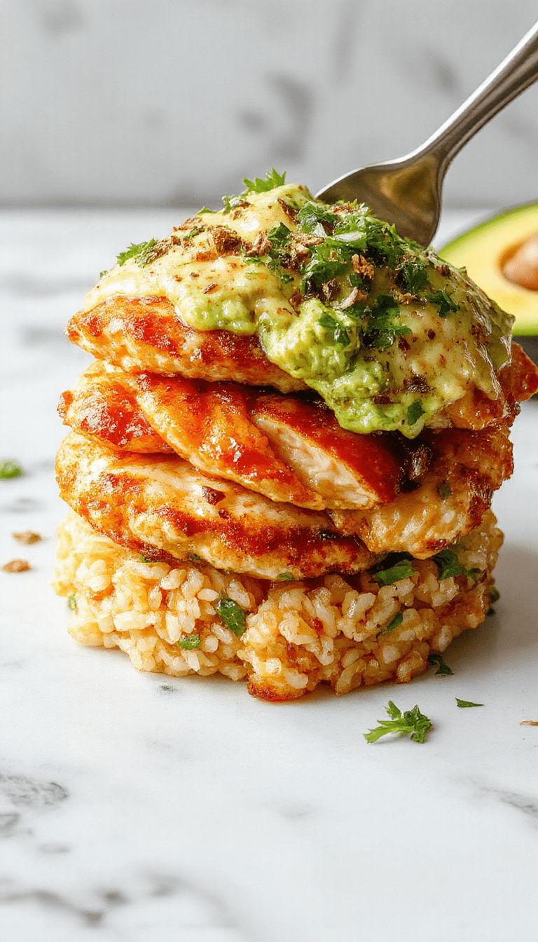 Colorful chicken and rice stack topped with creamy sliced avocado, garnished with lime wedges and fresh herbs. The vibrant yellow honey lime glaze coats tender grilled chicken, contrasting with the green avocado and fluffy white rice. The plating is modern and inviting, with a rustic wooden backdrop and drizzles of honey and lime juice enhancing the visual appeal.