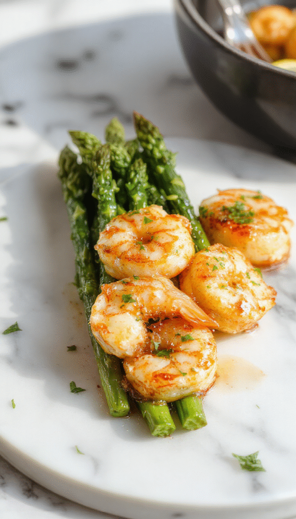 Colorful plate featuring sautéed shrimp and vibrant green asparagus spears drizzled with lemon garlic sauce, garnished with fresh herbs, styled on a rustic white plate with a splash of lemon and herbs on the side.