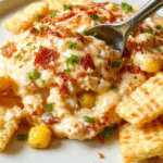 A vibrant bowl of crack corn dip featuring golden yellow corn kernels coated in creamy cheesy sauce, garnished with chopped green onions and red pepper flakes. The dip is served in a rustic white bowl on a wooden table, with crunchy fried tortilla chips arranged around it, inviting a colorful and savory snack scene.